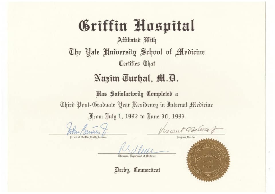 Griffin Hastanesi (Yale Üniversitesi Tıp Fakültesine bağlı) iç hastalıkları üçüncü yıl asistanlık belgesi, 1992–1993
