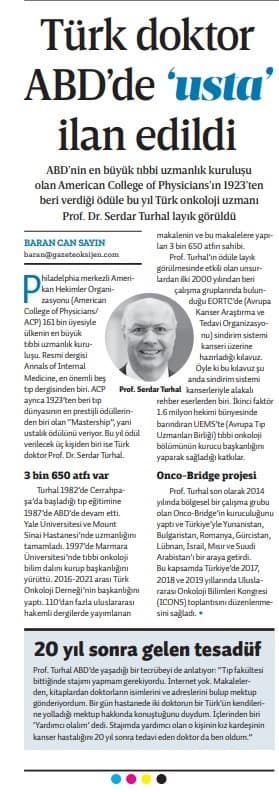 Gazete kupürü: "Türk doktor ABD'de 'usta' ilan edildi" başlıklı, Prof. Dr. Serdar Turhal'ın fotoğrafının yer aldığı haber