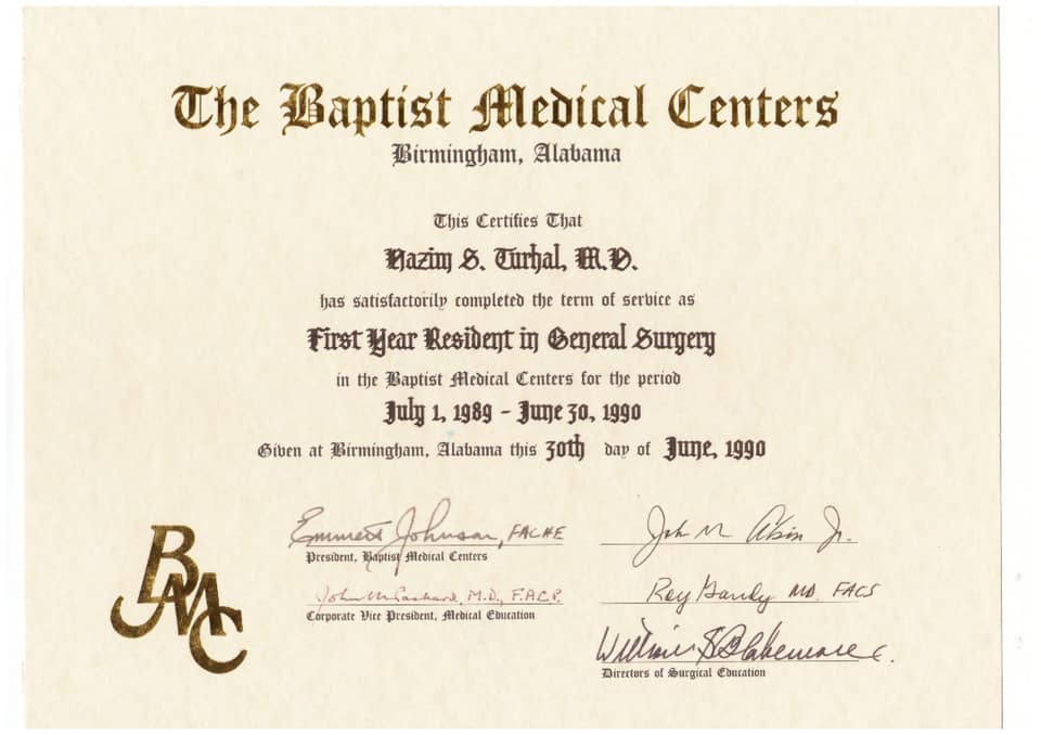 The Baptist Medical Centers (Birmingham, Alabama) genel cerrahi birinci yıl asistanlık belgesi, 1989–1990
