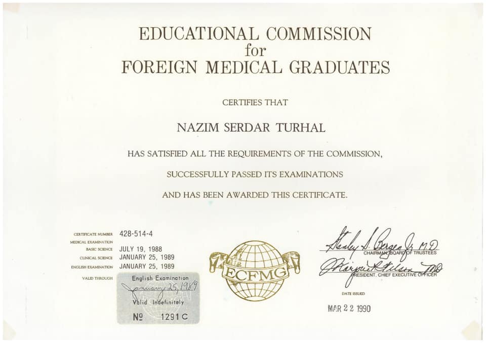 Educational Commission for Foreign Medical Graduates (ECFMG) belgesi, Nazim Serdar Turhal adına, 22 Mart 1990