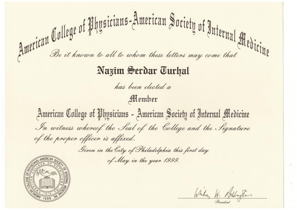 American College of Physicians – American Society of Internal Medicine üyelik belgesi, 1 Mayıs 1999