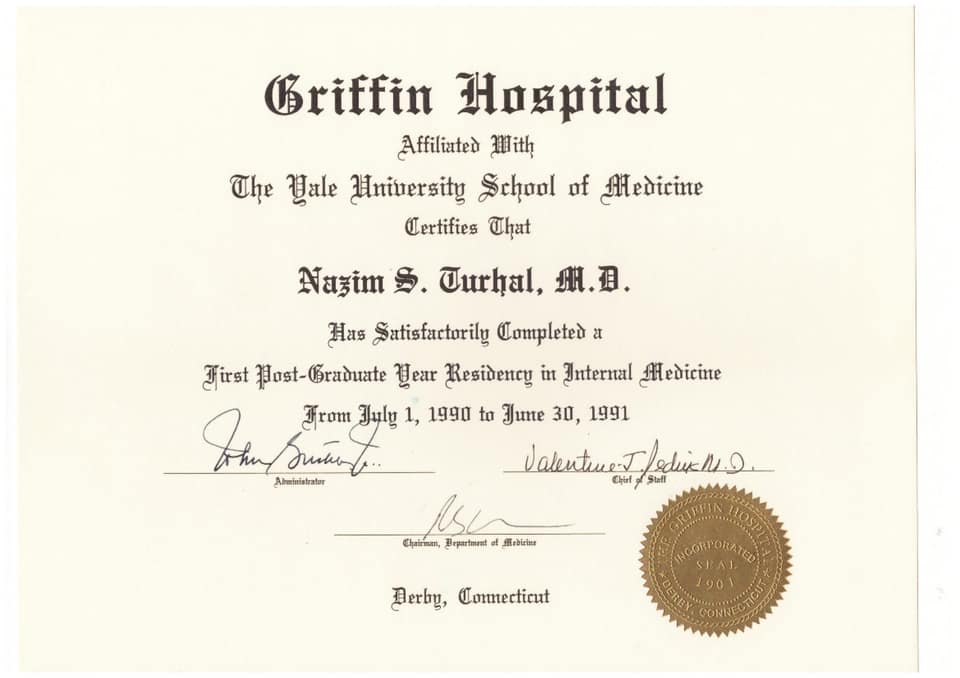 Griffin Hastanesi (Yale Üniversitesi Tıp Fakültesine bağlı) iç hastalıkları birinci yıl asistanlık belgesi, 1990–1991