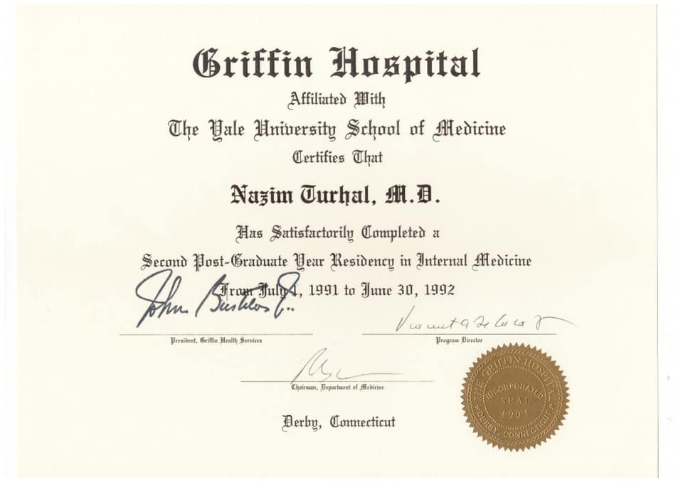 Griffin Hastanesi (Yale Üniversitesi Tıp Fakültesine bağlı) iç hastalıkları ikinci yıl asistanlık belgesi, 1991–1992