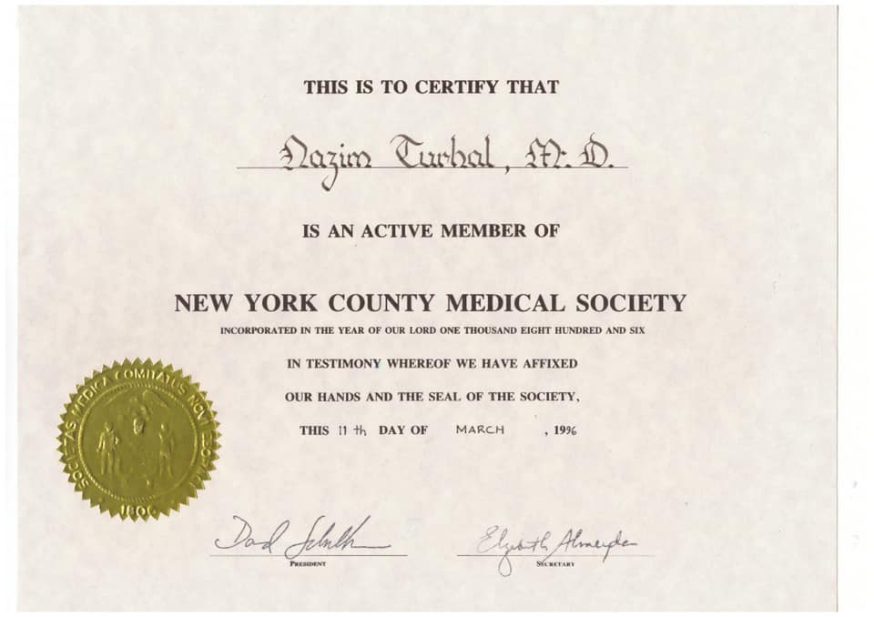New York County Medical Society aktif üyelik belgesi, Nazim Turhal adına, 11 Mart 1996