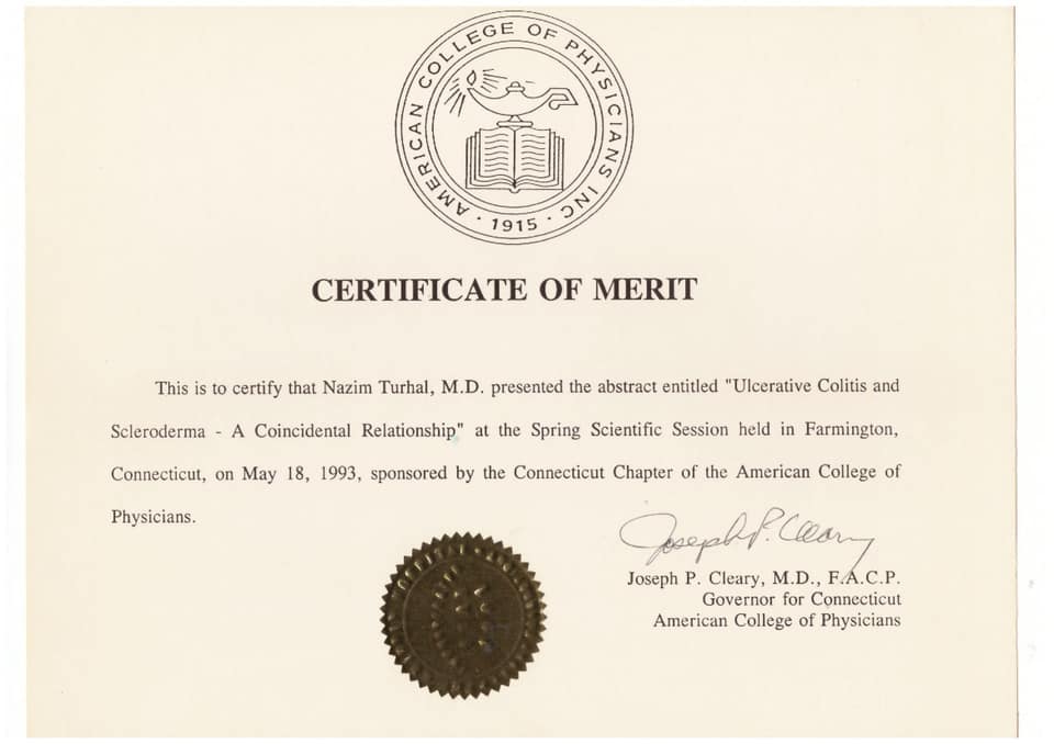 American College of Physicians Connecticut şubesi başarı belgesi: "Ulcerative Colitis and Scleroderma" bildirisi, 18 Mayıs 1993