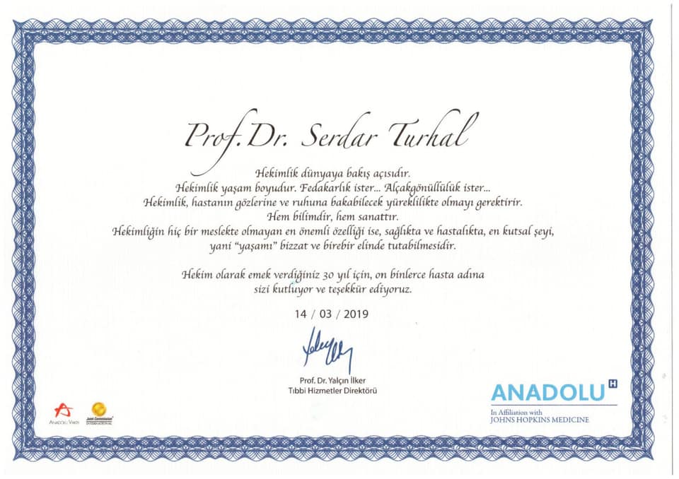 Anadolu Sağlık Merkezi'nin hekimlikte 30. yıl için Prof. Dr. Serdar Turhal'a verdiği teşekkür belgesi, 14 Mart 2019