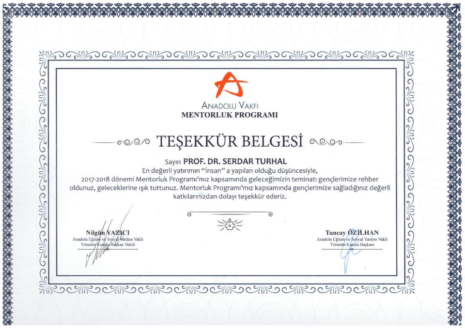 Anadolu Vakfı Mentorluk Programı teşekkür belgesi, Prof. Dr. Serdar Turhal adına, 2017–2018 dönemi
