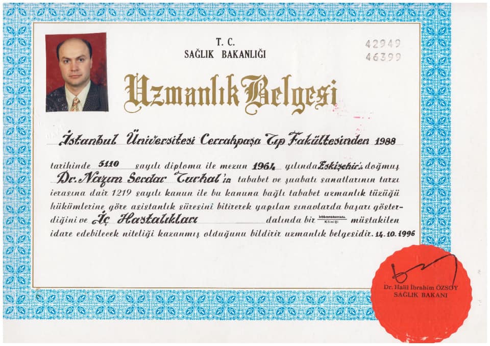 T.C. Sağlık Bakanlığı İç Hastalıkları uzmanlık belgesi, Dr. Nazım Serdar Turhal adına, 14 Ekim 1996