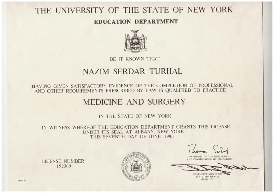 New York Eyaleti Üniversitesi Eğitim Dairesi hekimlik ve cerrahlık lisansı, Nazim Serdar Turhal adına, 7 Haziran 1993